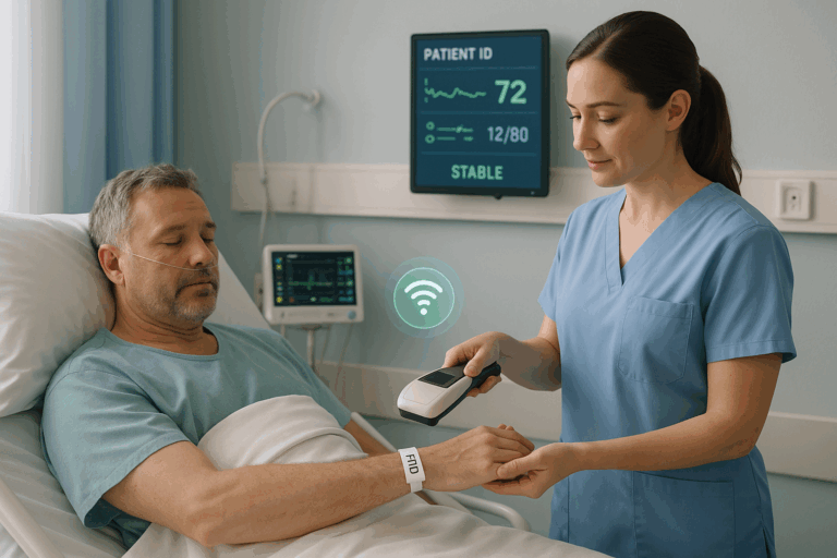 Nurse using RFID to verify patient identity in hospital ward