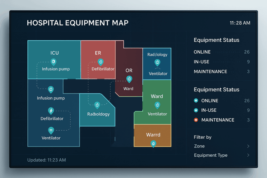 UWB-enabled dashboard showing asset locations in hospital