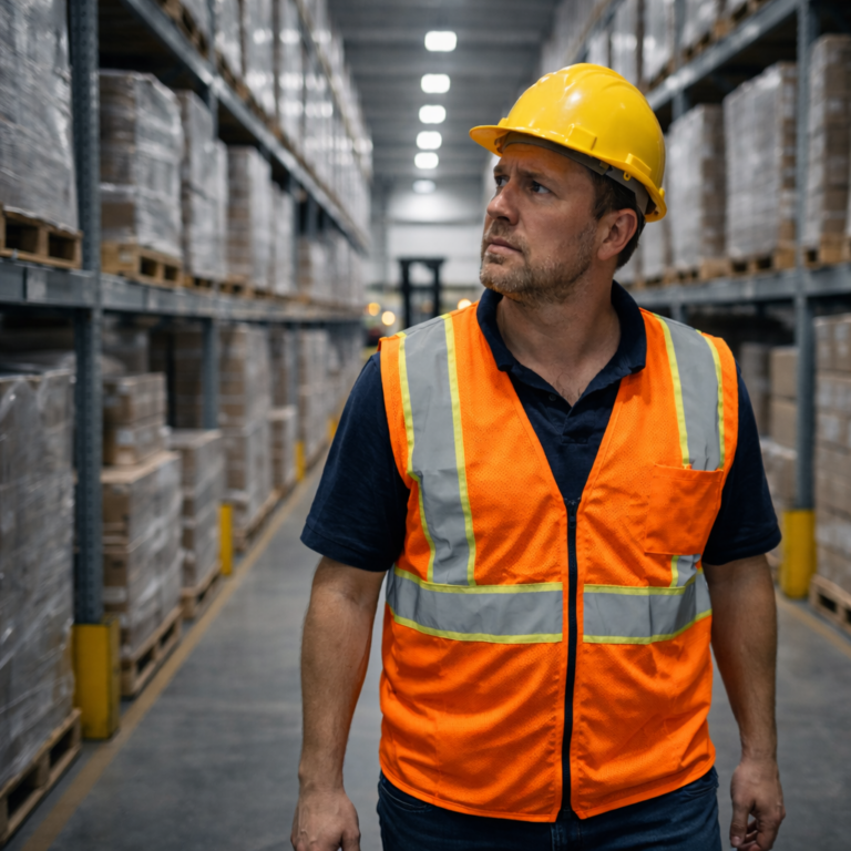 Employee searching for misplaced warehouse equipment