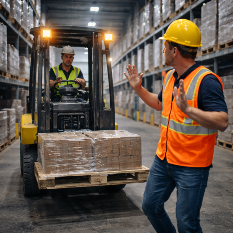 Forklift and pedestrian interaction highlighting warehouse safety blind spots