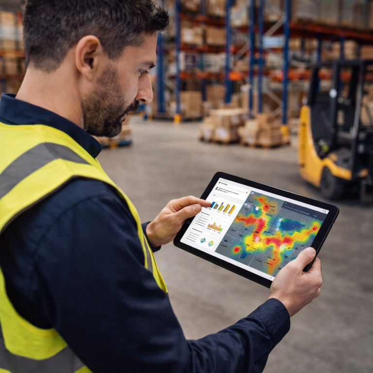 Supervisor evaluating warehouse efficiency ROI data