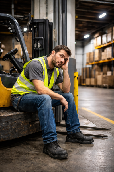 Forklift operator experiencing burnout due to workflow delays