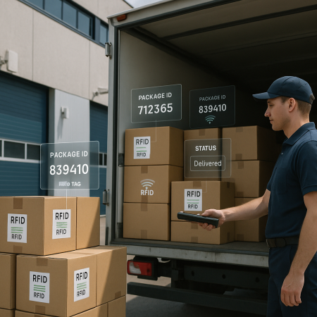 Delivery truck with RFID-tagged packages during transit scan