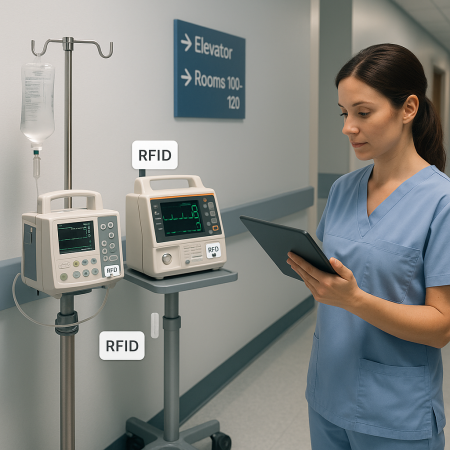 Medical equipment with RFID tags tracked in hospital zone