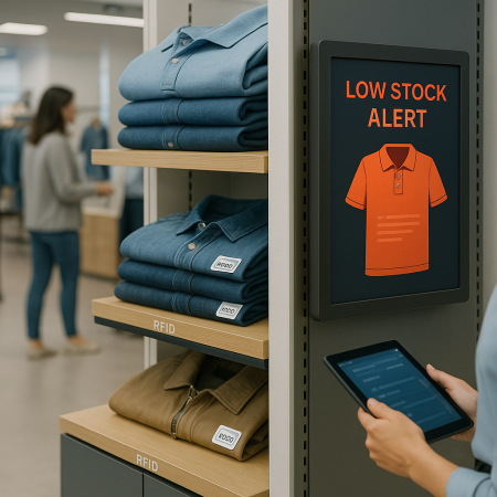 RFID smart shelf detecting low inventory in clothing store