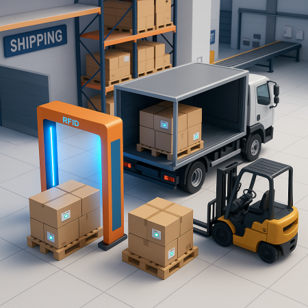 RFID-enabled gate scanning outbound pallets in warehouse