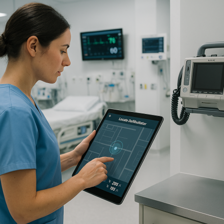 Nurse using UWB system to track defibrillator in hospital